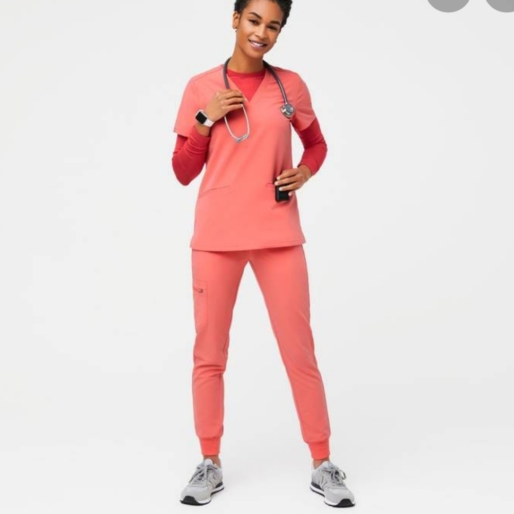 Figs Hot Coral Scrubs Joggers and Top
